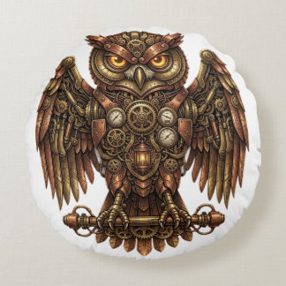 Steampunk Mechanical Owl Vintage Bronze Gear Thro Round Cushion