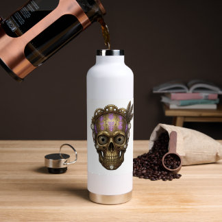 Steampunk Mechanical Skull Glowing Purple Runes Water Bottle