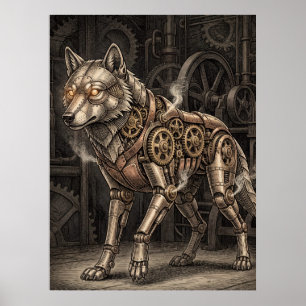 Steampunk Mechanical Wolf Brass Gears Victorian  Poster