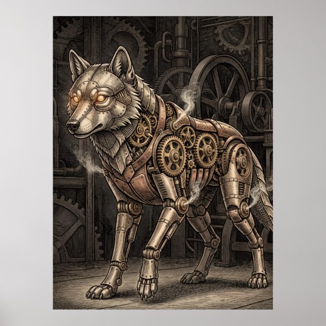 Steampunk Mechanical Wolf Brass Gears Victorian  Poster (Front)