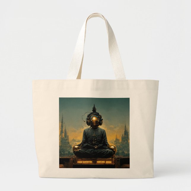 Steampunk Meditating Buddha Large Tote Bag (Front)
