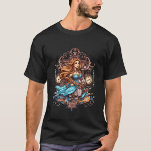 Steampunk Mermaid in a Blue Dress on a Man's Black T-Shirt