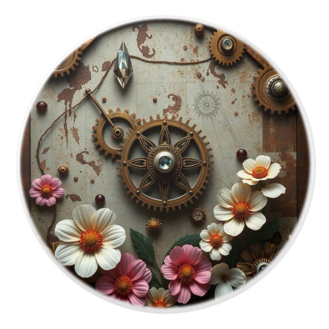 Steampunk Metal Flowers, Gears and Diamonds Ceramic Knob (Front)
