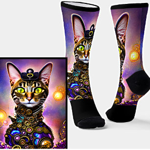 Steampunk Metal Goth Golden Cat on Black Socks