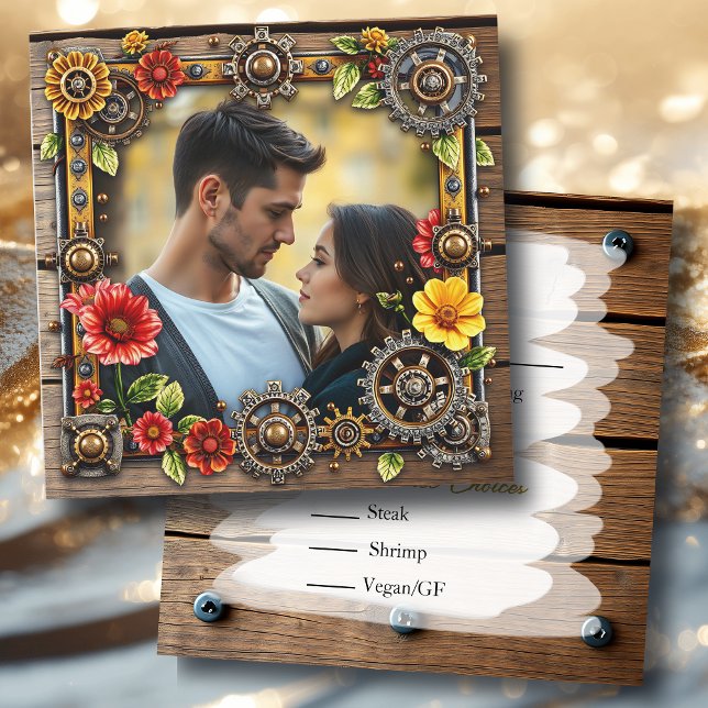  Steampunk Metal & Wood Personalised Wedding RSVP Save The Date (Creator Uploaded)