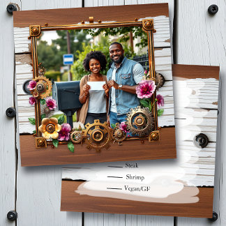  Steampunk Metal & Wood Personalised Wedding RSVP Save The Date