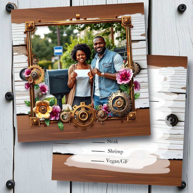  Steampunk Metal & Wood Personalised Wedding RSVP Save The Date (Creator Uploaded)