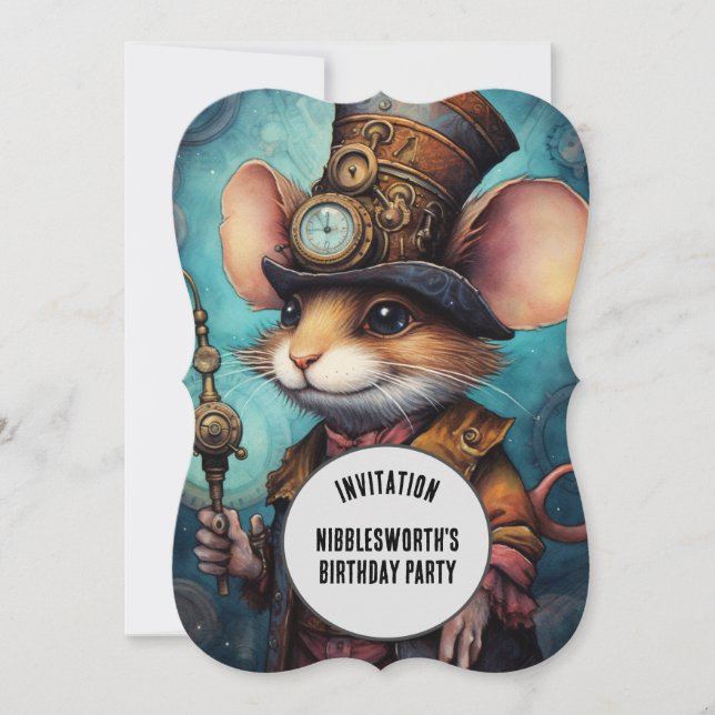 Steampunk Mouse Captain Custom name Invitation (Front)