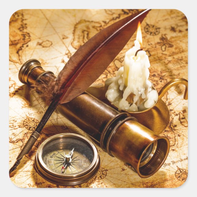 steampunk nautical telescope antique compass square sticker (Front)