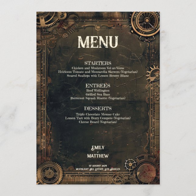 Steampunk Noir Affair Wedding Menu (Front)