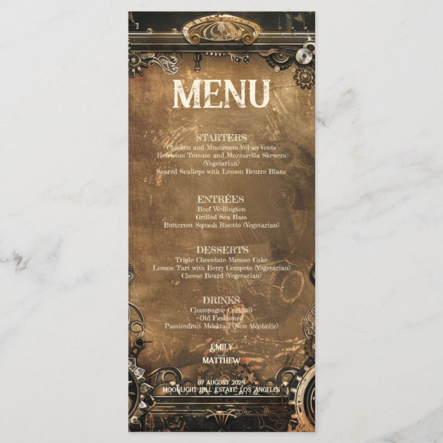 Steampunk Noir Affair Wedding Menu (Front)