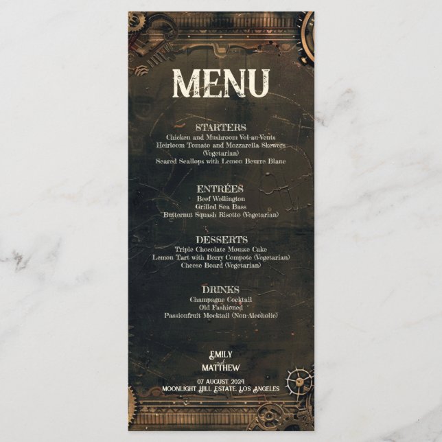 Steampunk Noir Affair Wedding Menu (Front)