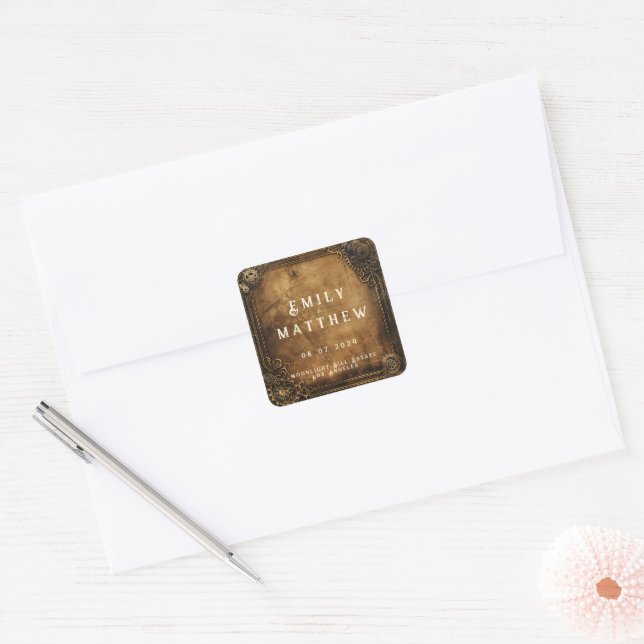 Steampunk Noir Affair Wedding Square Sticker (Envelope)