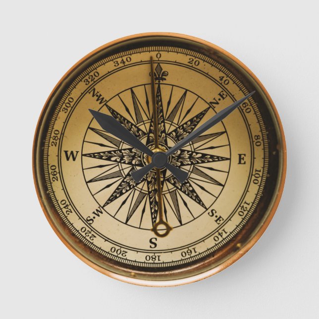Steampunk Nostalgic Old Brass Compass Round Clock (Front)