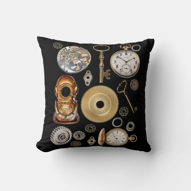 Steampunk objects Gears Pocket watch Skeleton Key Cushion (Front)