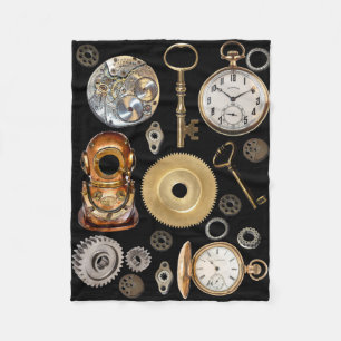 Steampunk objects Gears Pocket watch Skeleton Key Fleece Blanket