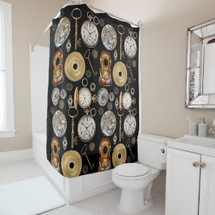 Steampunk objects Gears Pocket watch Skeleton Key Shower Curtain