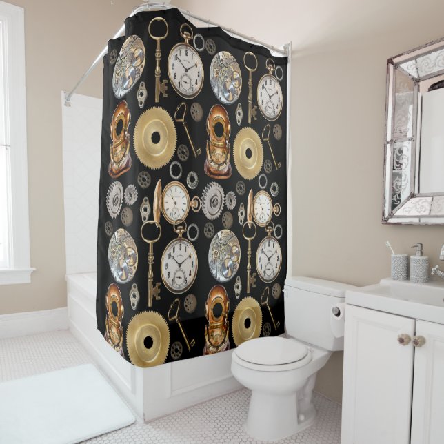 Steampunk objects Gears Pocket watch Skeleton Key Shower Curtain (In Situ)