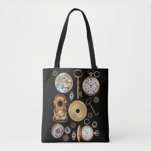 Steampunk objects Gears Pocket watch Skeleton Key Tote Bag