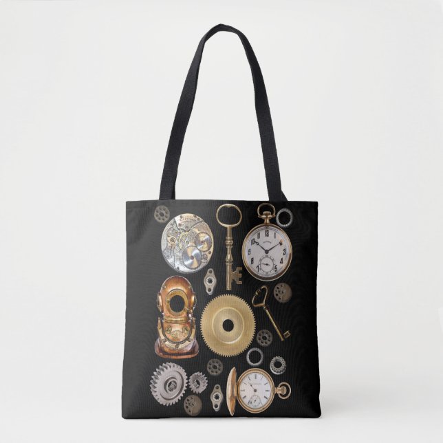 Steampunk objects Gears Pocket watch Skeleton Key Tote Bag (Front)
