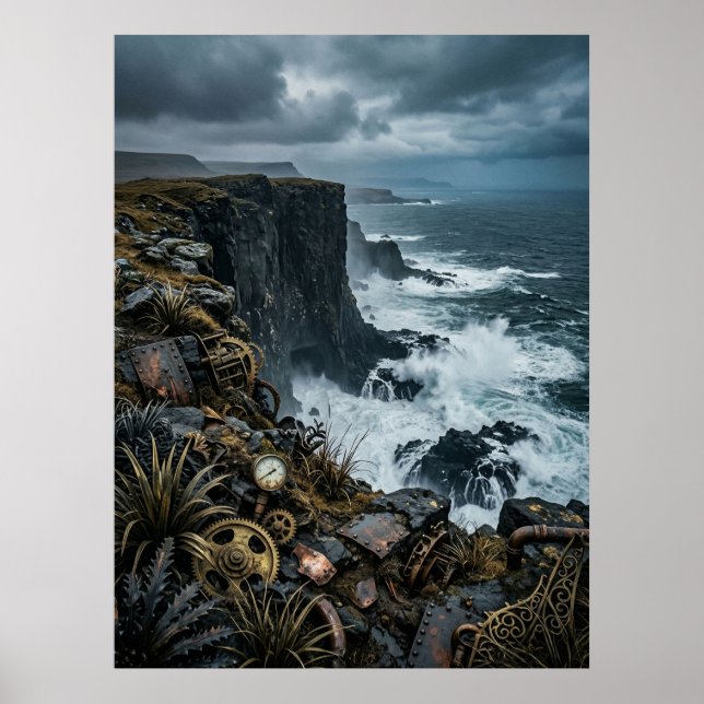 Steampunk Ocean Cliff Ruins Poster (Front)
