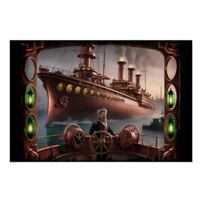 Steampunk Ocean-liner Leaves Dock Poster (Front)