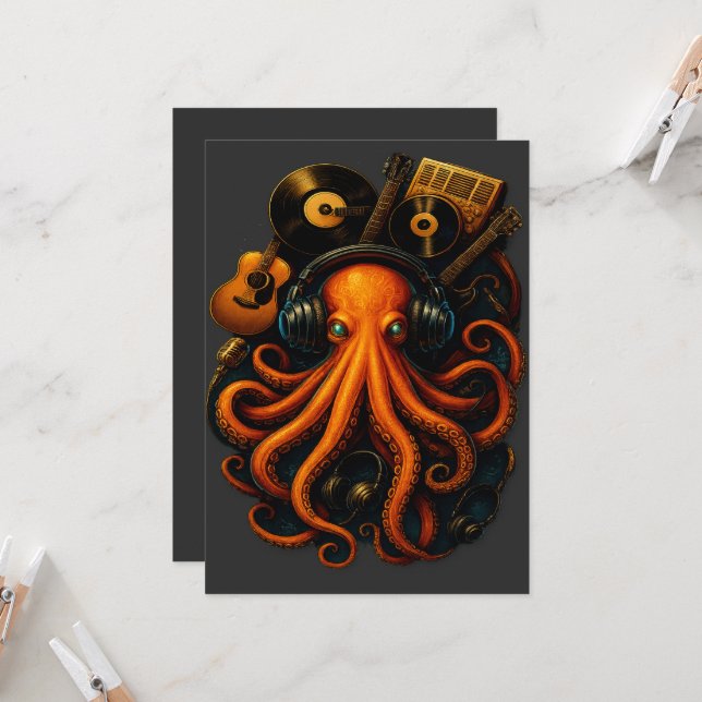 Steampunk Octopus Art Print – Musical Vintage Illu Invitation (Front/Back In Situ)