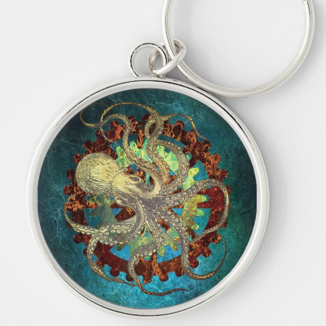 Steampunk Octopus & Clockwork Gears Key Ring (Front)