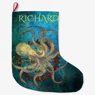 Steampunk Octopus & Clockwork Gears Large Christmas Stocking