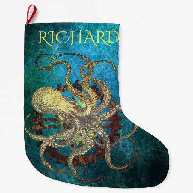 Steampunk Octopus & Clockwork Gears Large Christmas Stocking (Front)