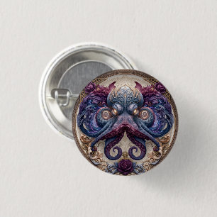 Steampunk Octopus Emblem with Purple Roses 3 Cm Round Badge