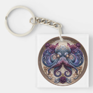 Steampunk Octopus Emblem with Purple Roses  Key Ring