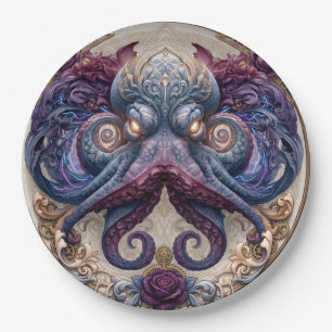 Steampunk Octopus Emblem with Purple Roses Paper Plate