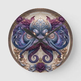 Steampunk Octopus Emblem with Purple Roses Round Clock