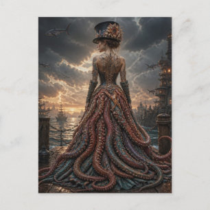Steampunk Octopus Lady With Flying Sharks Postcard