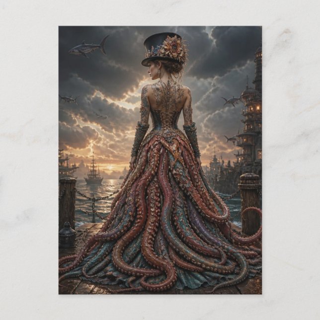 Steampunk Octopus Lady With Flying Sharks Postcard (Front)