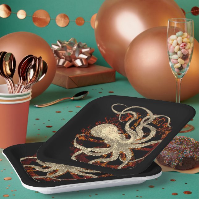 Steampunk Octopus & Rusty Clockwork Gear Paper Plate (Multi)