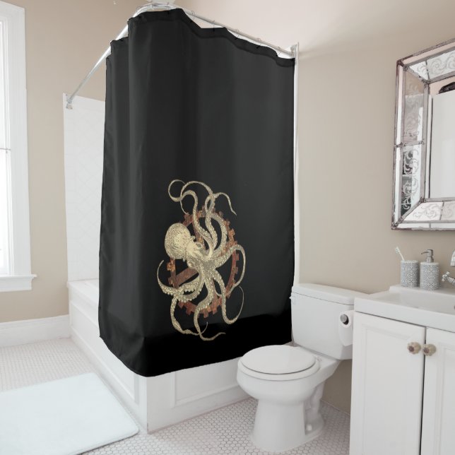 Steampunk Octopus & Rusty Clockwork Gear Shower Curtain (In Situ)