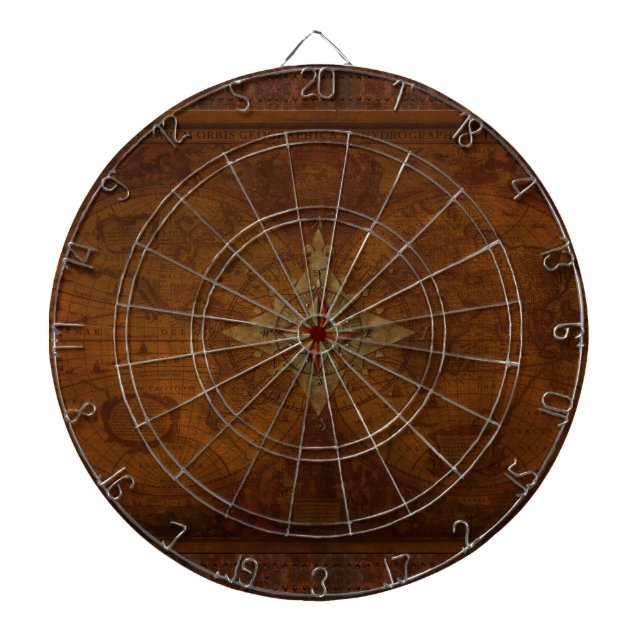 Steampunk Old World Map & Compass Rose Design Dartboard (Front)