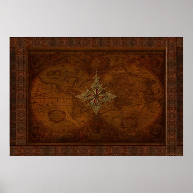 Steampunk Old World Map & Compass Rose Design Poster (Front)