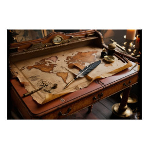 Steampunk Olde Worlde Map and Desk  Poster
