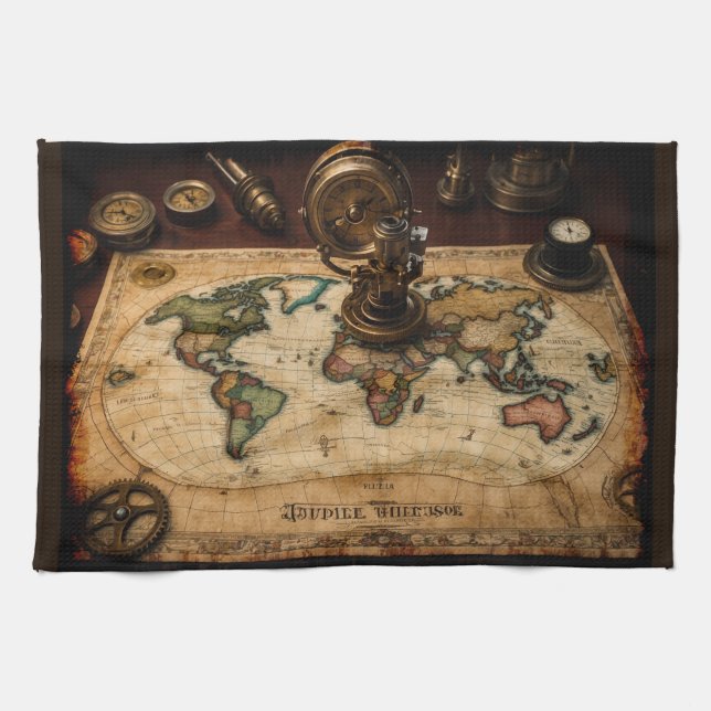 Steampunk Olde Worlde Map Tea Towel (Horizontal)