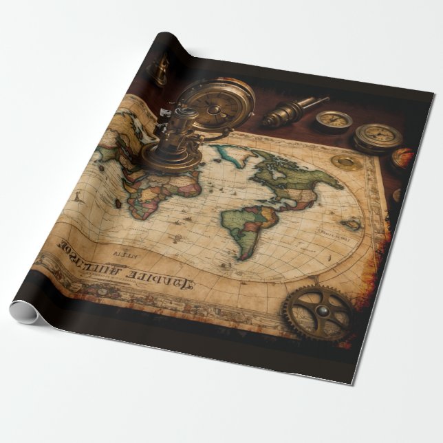 Steampunk Olde Worlde Map Wrapping Paper (Unrolled)