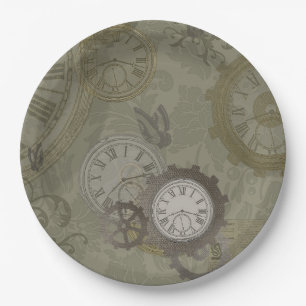 Steampunk olive green vintage print paper plate