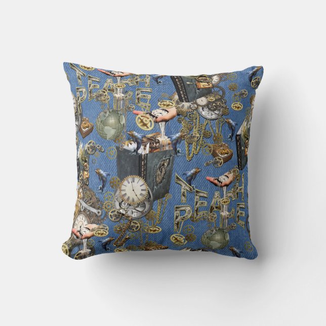 Steampunk on Blue Denim  Cushion (Front)