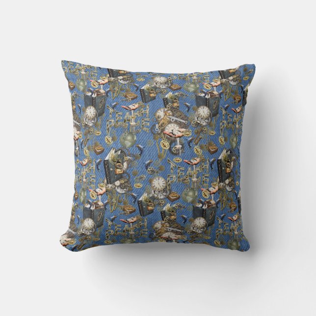 Steampunk on Blue Denim  Throw Pillow (Front)
