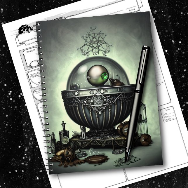 Steampunk Ornate Cauldron and Magic Items on Green Notebook (Creator Uploaded)