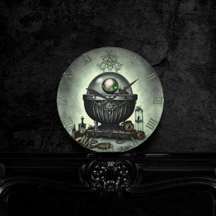 Steampunk Ornate Cauldron and Magic Items on Green Round Clock