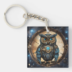 Steampunk Owl Against the Galactic Sky Key Ring