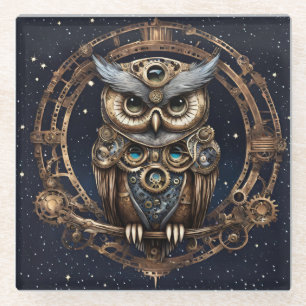 Steampunk Owl Against the Starry Sky Glass Coaster